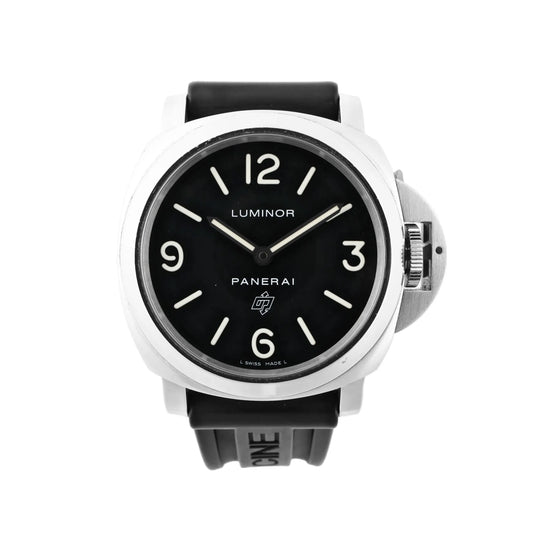 Panerai Luminor Base Logo PAM00000 watch with black dial, stainless steel case, black rubber strap, luminous markers, and signature crown guard lever