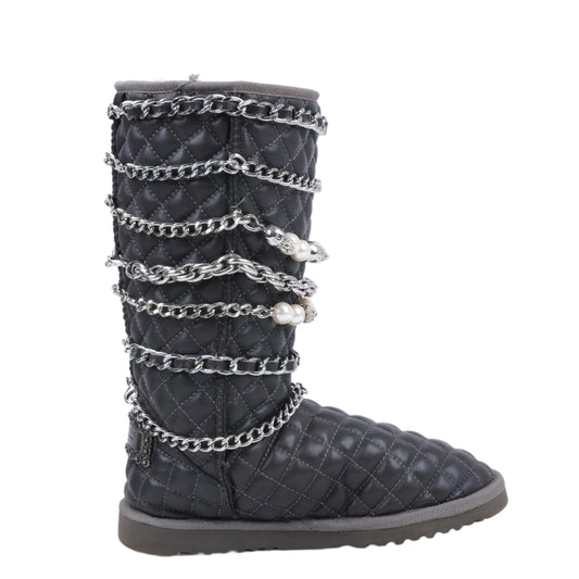 Philipp Plein Leather Ankle Boots Silver Metal Accessories with Skull Chains, Size 37 EU