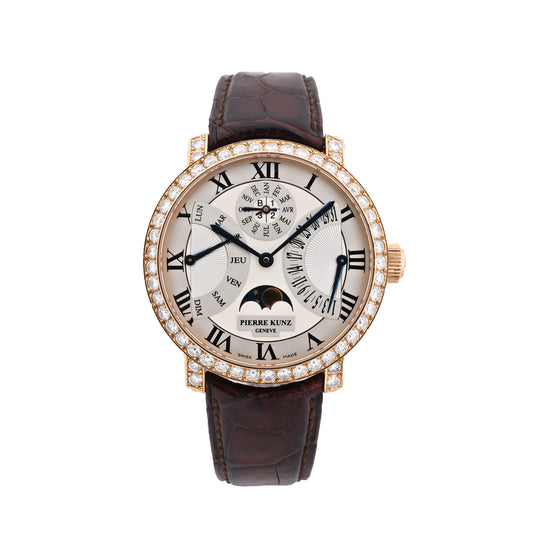 Montre Pierre Kunz Calendrier perpétuel PKA 003 QPR Cuir x RG, Diamants AT Cadran argenté