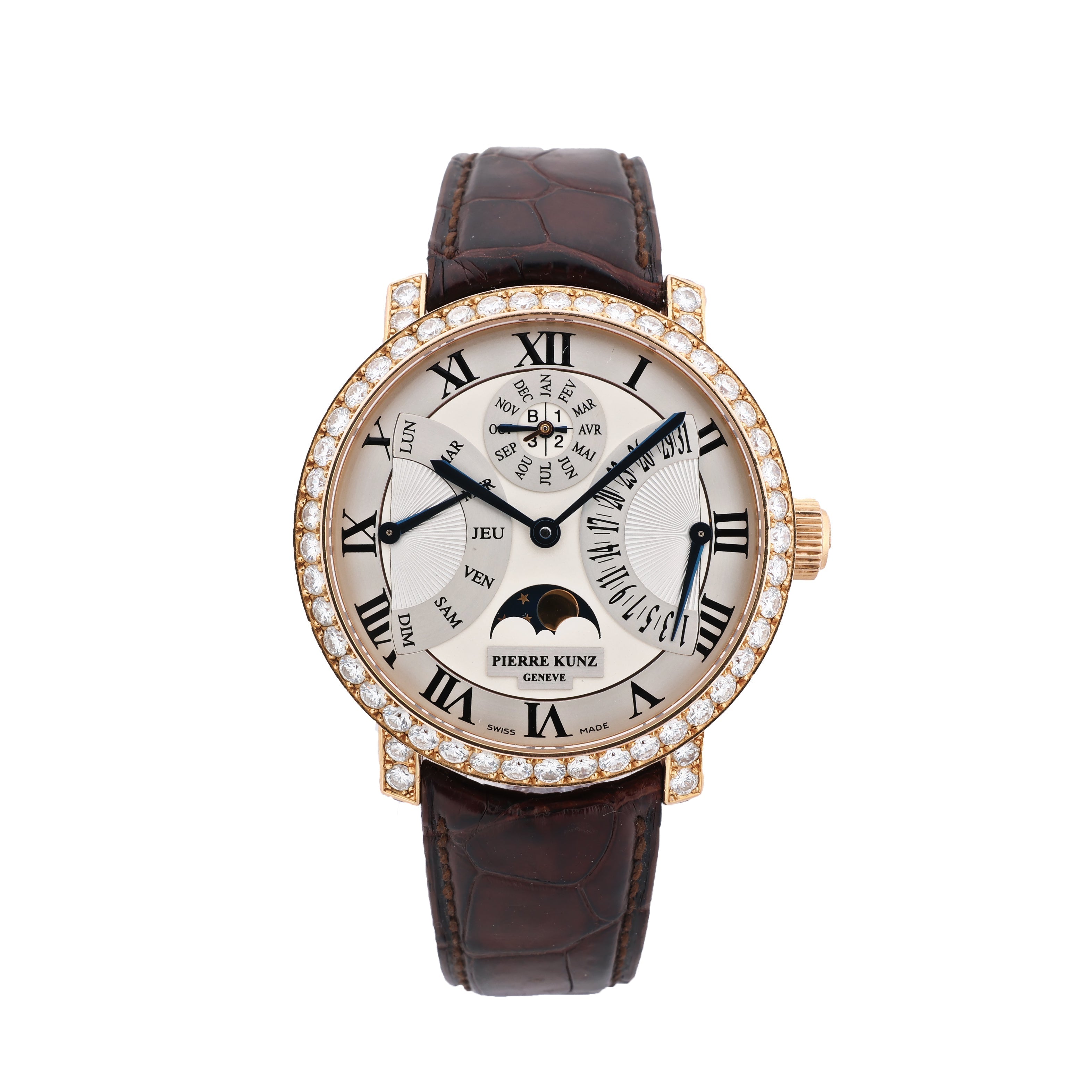 Pierre Kunz Pepretual Calendar PKA 003 QPR Leather x RG, Diamonds AT Silver-Face Watch