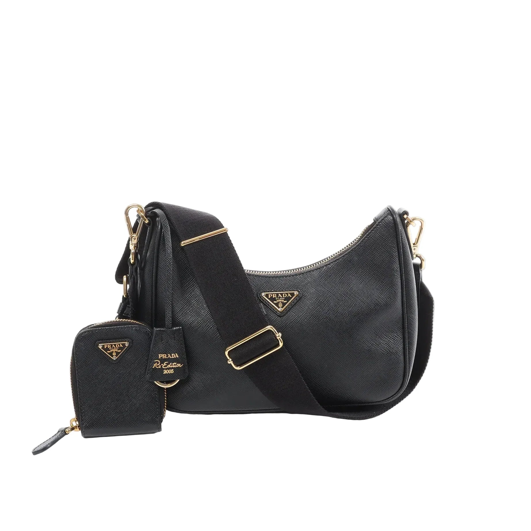 Prada Re-Edition 2005 black leather crossbody bag with gold-tone triangle logo, wide adjustable strap, and detachable mini zip pouch in front