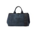 Blue Prada Canapa denim tote handbag with double top handles, wide fabric shoulder strap, and tonal Prada logo on the front