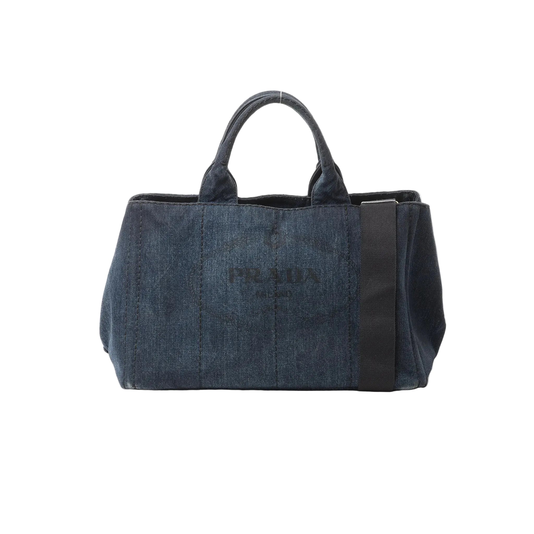 Blue Prada Canapa denim tote handbag with double top handles, wide fabric shoulder strap, and tonal Prada logo on the front