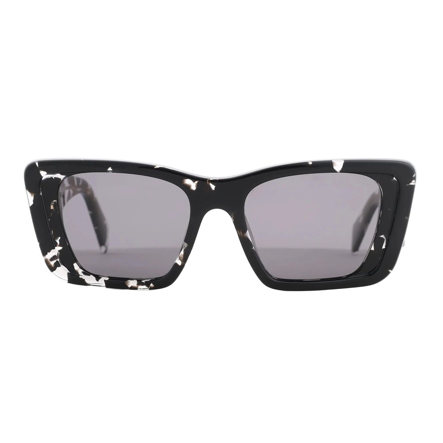 Prada PR 08Y Cat Eye-Frame Sunglasses in black acetate with white marbled detailing, featuring sharp angular corners and dark tinted lenses, displayed front-facing against a white background.
