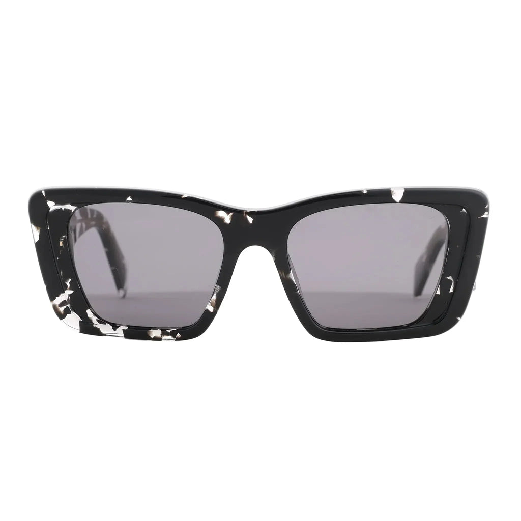 Prada PR 08Y Cat Eye-Frame Sunglasses in black acetate with white marbled detailing, featuring sharp angular corners and dark tinted lenses, displayed front-facing against a white background.