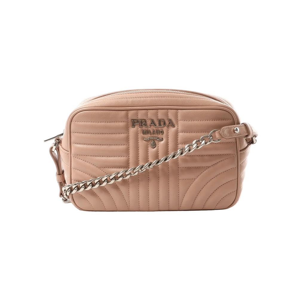 Pink Prada Diagram leather crossbody bag with stitched panel detailing, Prada Milano logo plaque, zip closure, and silver-tone chain strap