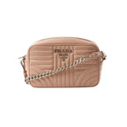 Pink Prada Diagram leather crossbody bag with stitched panel detailing, Prada Milano logo plaque, zip closure, and silver-tone chain strap