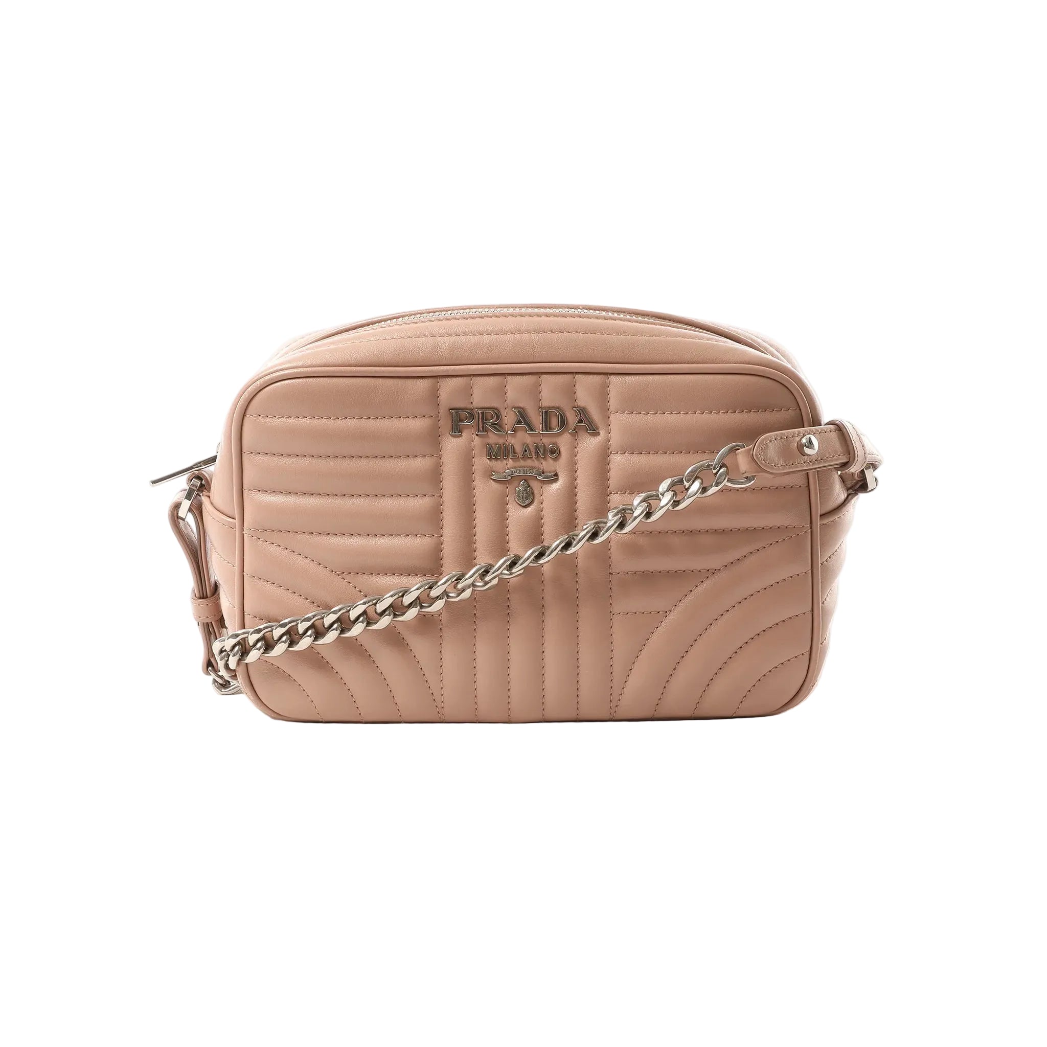 Pink Prada Diagram leather crossbody bag with stitched panel detailing, Prada Milano logo plaque, zip closure, and silver-tone chain strap