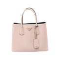 Front view of a pink Prada Double Saffiano leather handbag with dual top handles, gold-tone triangle logo and matching leather tag.