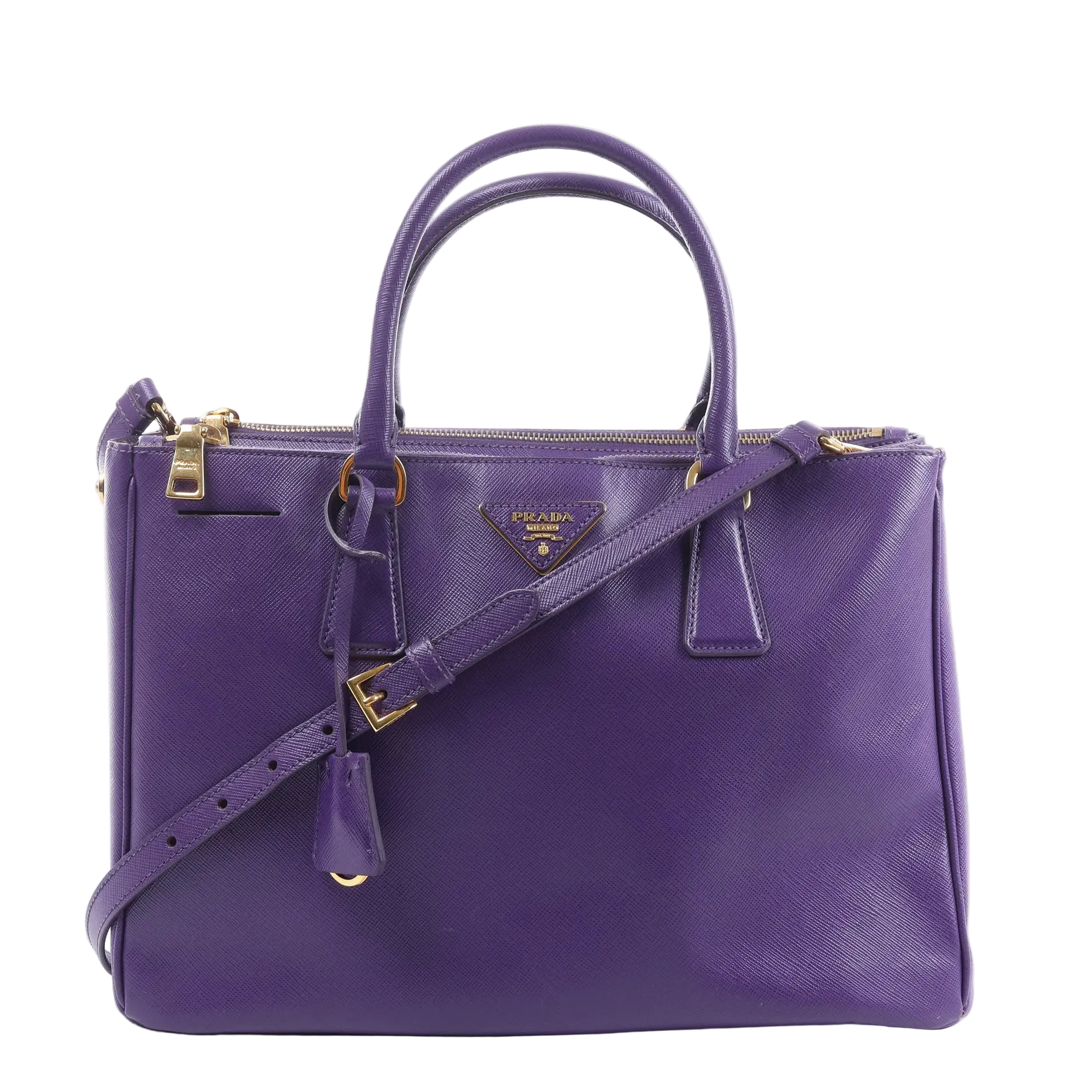 Prada Galleria handbag in purple Saffiano leather with rolled top handles, detachable shoulder strap, gold-tone hardware and triangle logo.