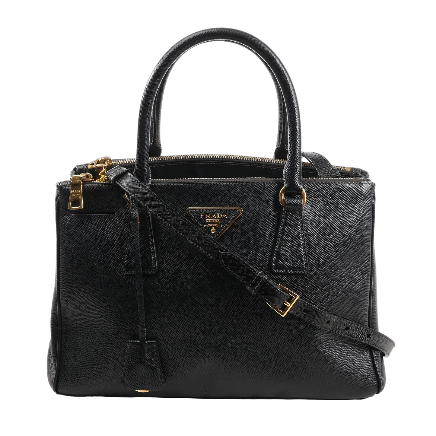 Prada Galleria 2Way Handbag in black Saffiano Lux leather with dual top handles, adjustable and detachable shoulder strap, gold-tone hardware, and signature Prada triangle logo plaque, displayed against a white background.
