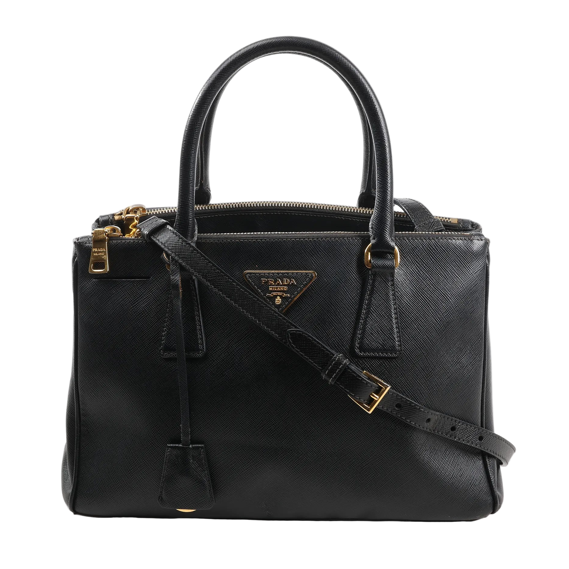 Prada Galleria 2Way Handbag in black Saffiano Lux leather with dual top handles, adjustable and detachable shoulder strap, gold-tone hardware, and signature Prada triangle logo plaque, displayed against a white background.