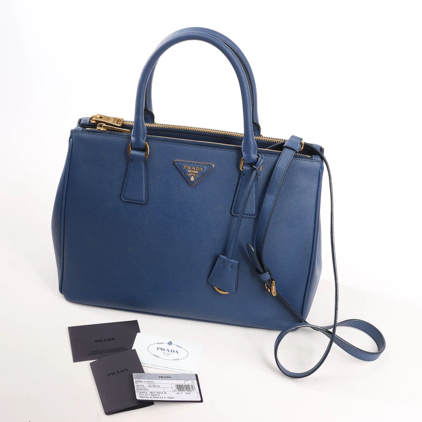 Sac à main Prada Galleria Saffiano Lux en cuir bleu marine, 2 en 1, référence 1BA274