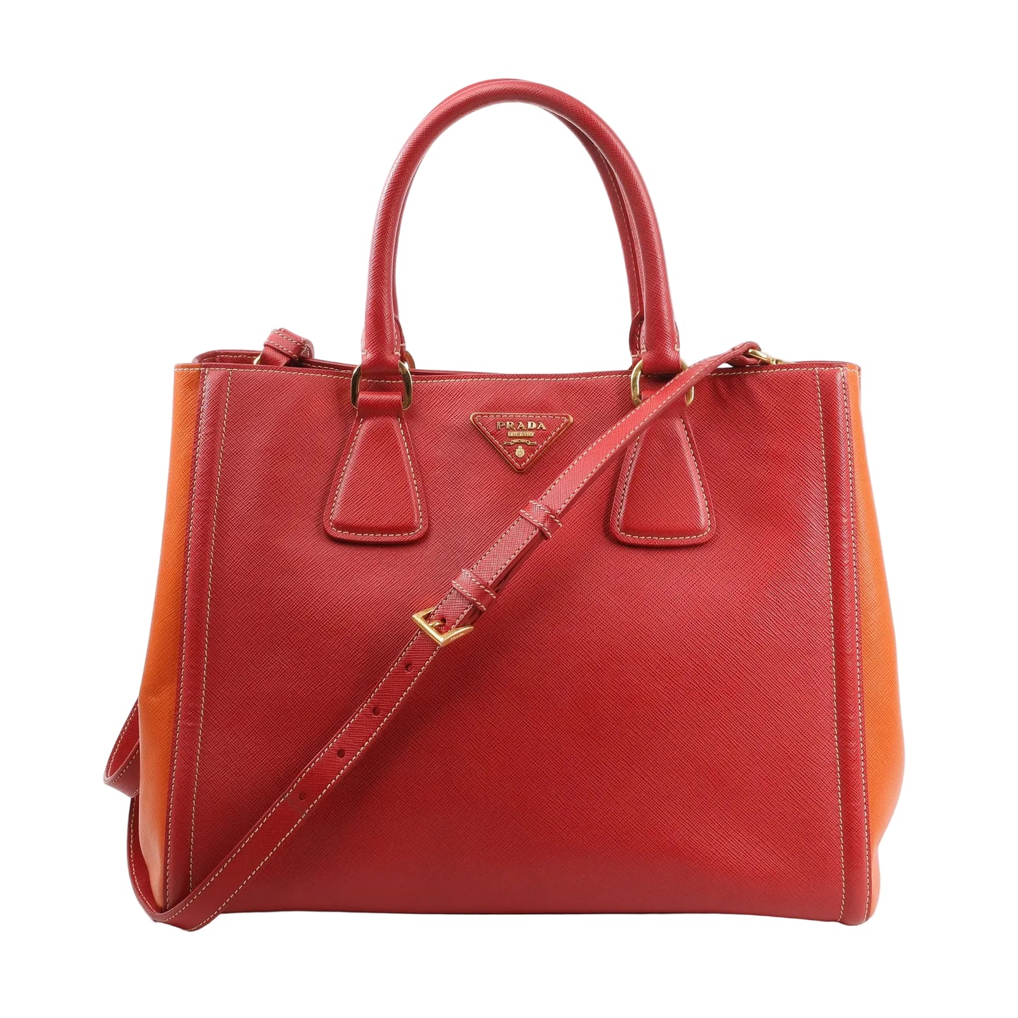 Prada Galleria 2Way handbag in red and orange Saffiano Lux leather, featuring dual top handles, detachable shoulder strap, gold-tone hardware, structured silhouette, and signature triangle logo plaque.