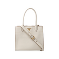 White Prada Bibliothèque leather handbag with double top handles, adjustable shoulder strap, gold-tone Prada logo and buckle hardware.