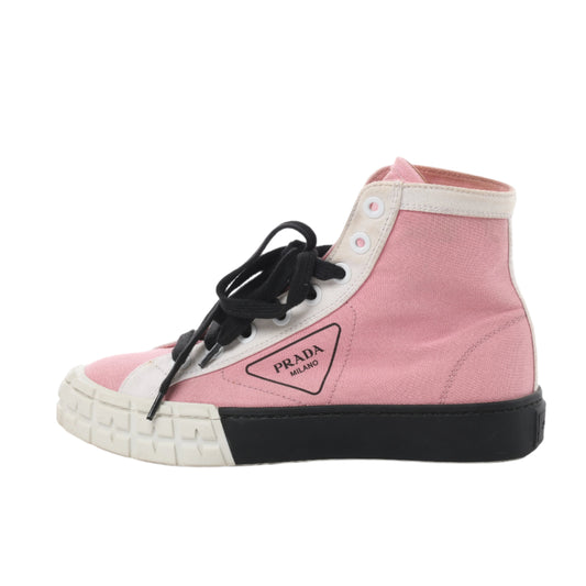 PRADA Canvas-Sneaker mit Colorblock-Muster und Keilabsatz in Pink, Größe 39 EU