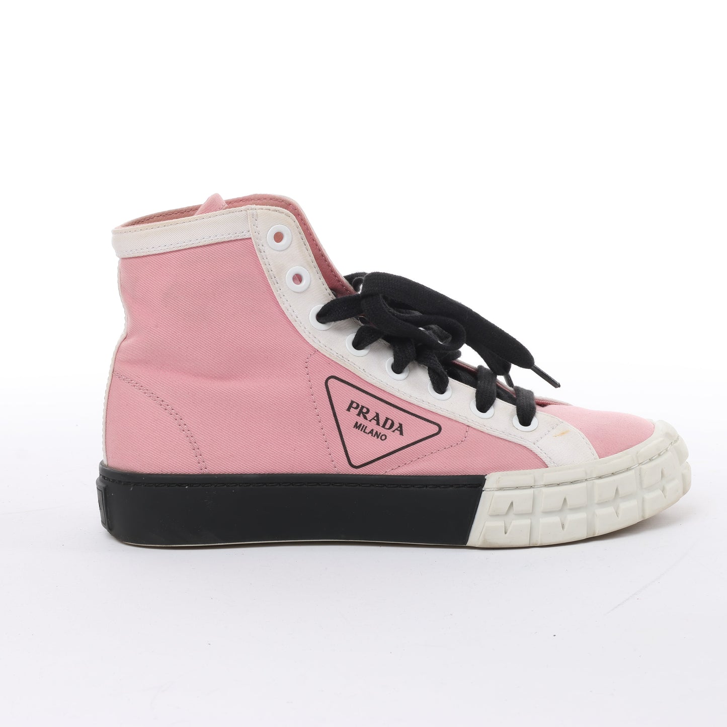PRADA Canvas-Sneaker mit Colorblock-Muster und Keilabsatz in Pink, Größe 39 EU