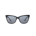 Prada SPR 23X sunglasses with black cat-eye front frame, gray tinted lenses, white side panels and black temples on white background.