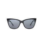 Prada SPR 23X sunglasses with black cat-eye front frame, gray tinted lenses, white side panels and black temples on white background.