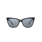 Prada SPR 23X sunglasses with black cat-eye front frame, gray tinted lenses, white side panels and black temples on white background.