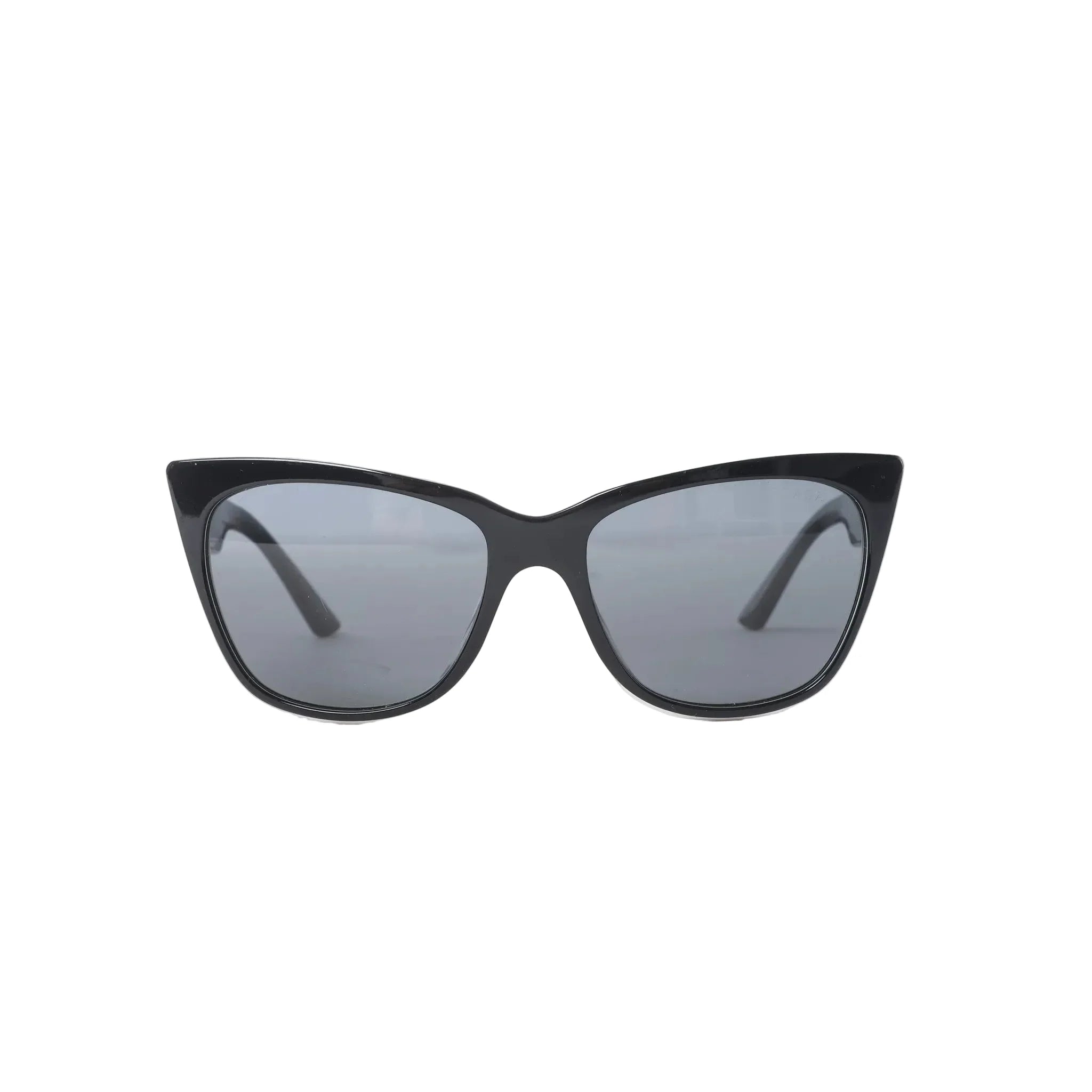 Prada SPR 23X sunglasses with black cat-eye front frame, gray tinted lenses, white side panels and black temples on white background.