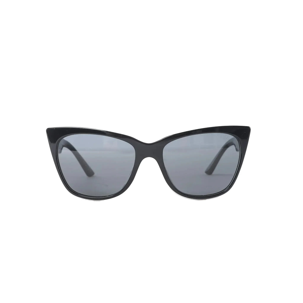 Prada SPR 23X sunglasses with black cat-eye front frame, gray tinted lenses, white side panels and black temples on white background.
