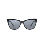 Prada SPR 23X sunglasses with black cat-eye front frame, gray tinted lenses, white side panels and black temples on white background.