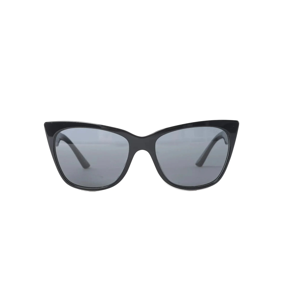 Prada SPR 23X sunglasses with black cat-eye front frame, gray tinted lenses, white side panels and black temples on white background.