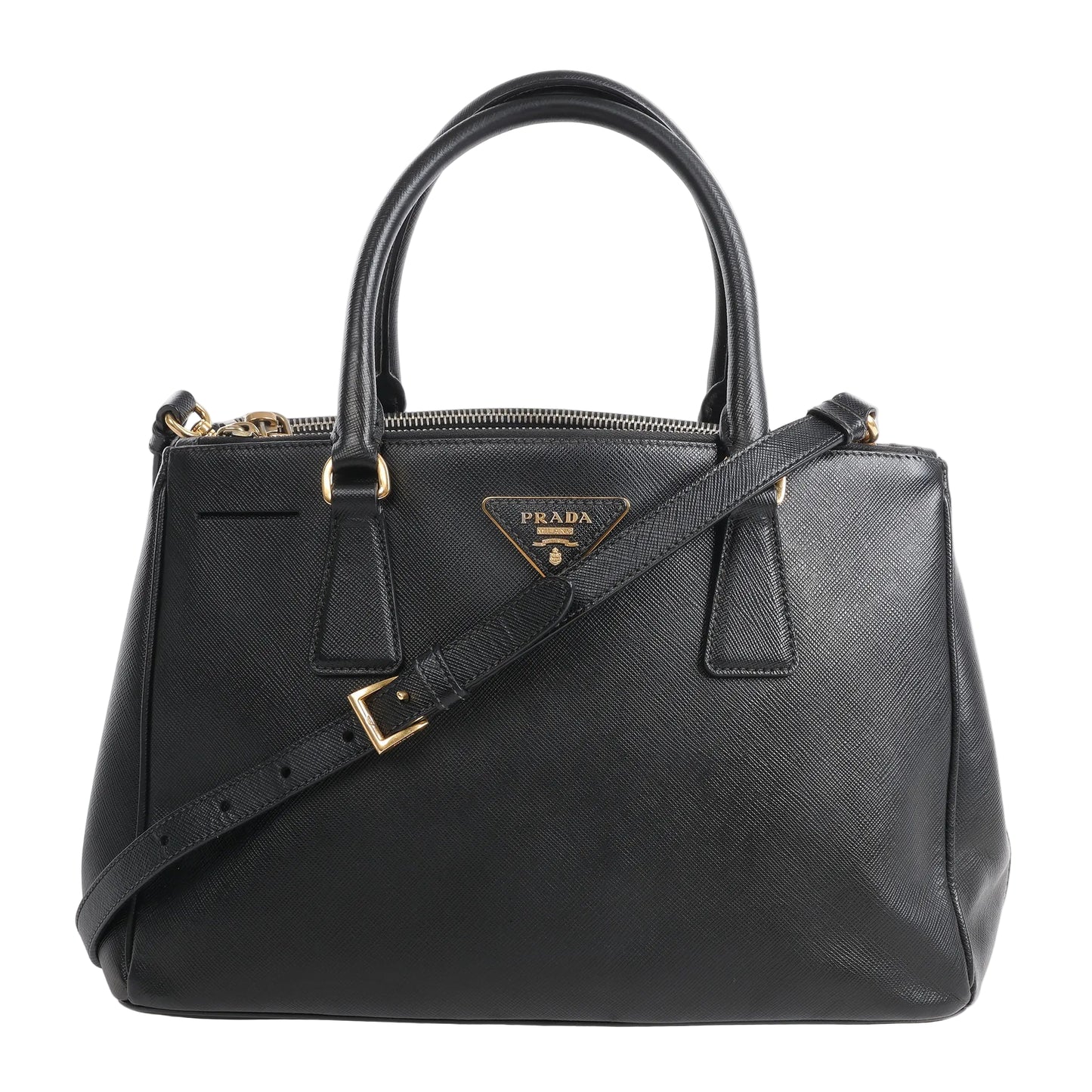 Prada Galleria Saffiano Lux Leather 2Way Handbag in black, featuring textured leather, gold-tone hardware, top handles, detachable shoulder strap, and signature Prada triangle logo plaque on the front.