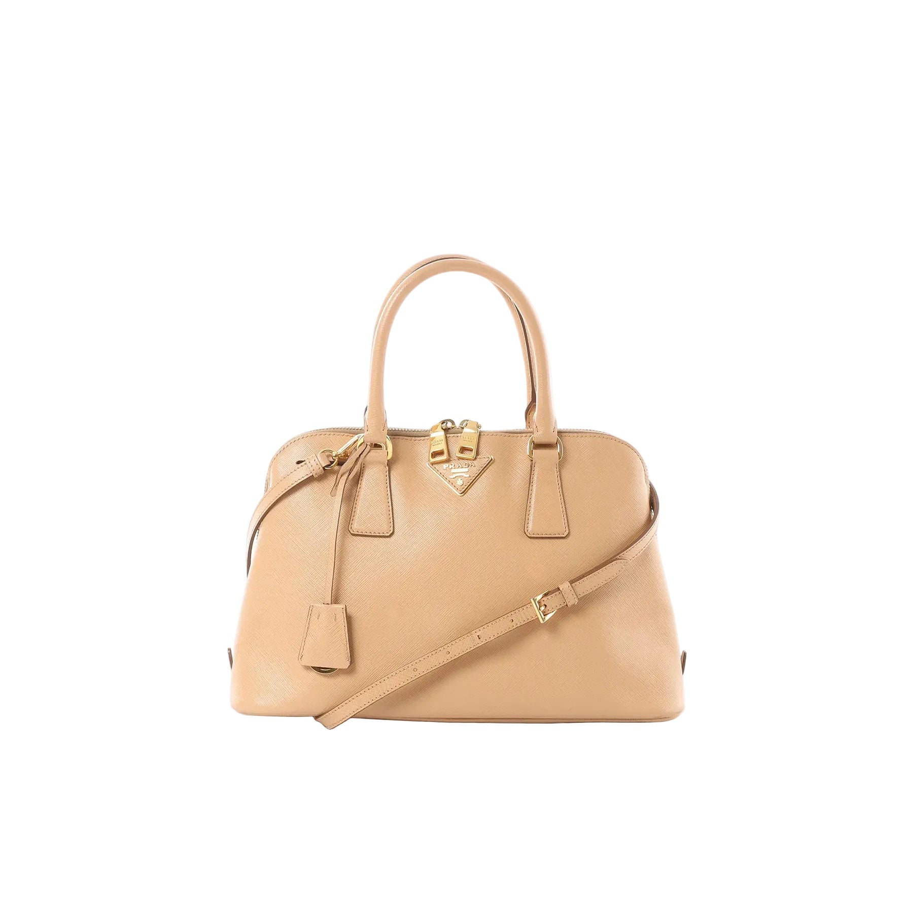 Beige Prada Promenade Saffiano leather handbag with top handles, detachable shoulder strap, gold logo plaque, and zip-top closure on white background
