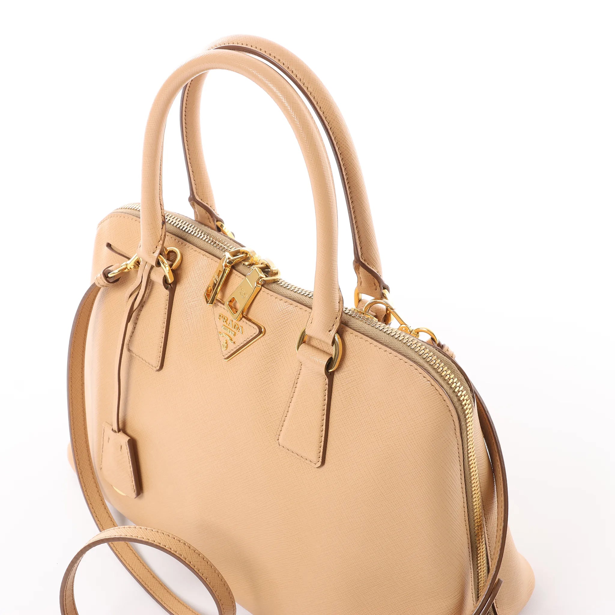 Prada Promenade Saffiano Lux Leather 2Way Handbag in Beige