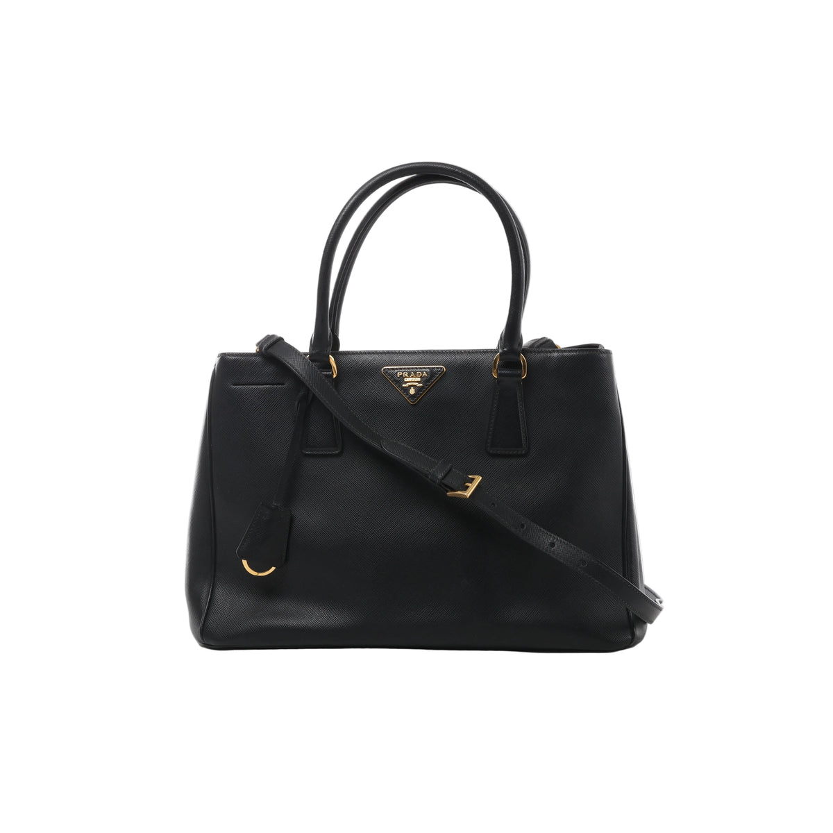 Front view of Prada Galleria black Saffiano leather handbag with twin top handles, matching shoulder strap, triangular Prada logo and gold-tone hardware.