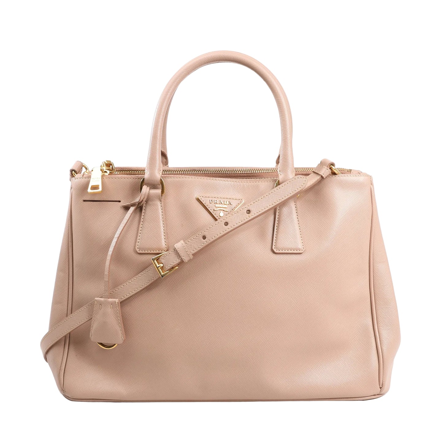 Prada Galleria 2Way Handbag in pink Saffiano Lux leather with top handles, detachable shoulder strap, gold-tone hardware, and triangle logo plaque on a white background.