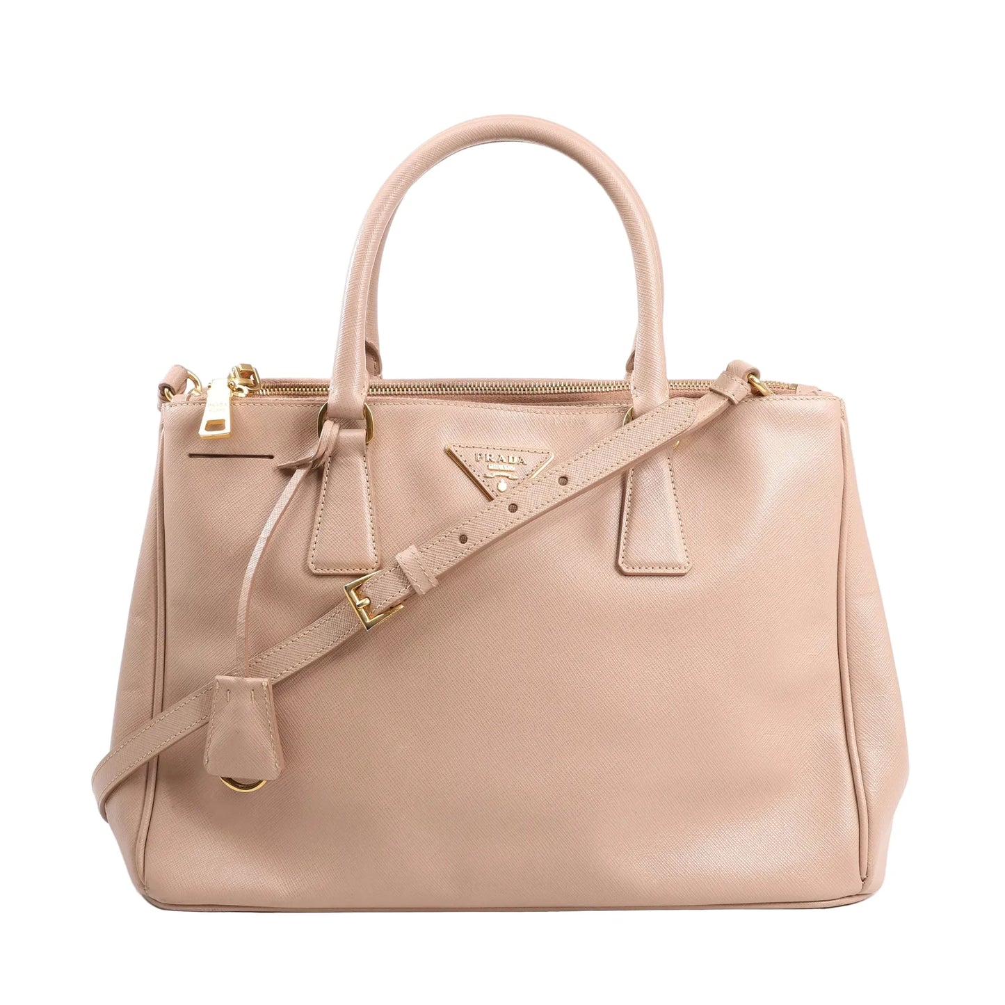 Prada Galleria 2Way Handbag in pink Saffiano Lux leather with top handles, detachable shoulder strap, gold-tone hardware, and triangle logo plaque on a white background.