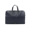 Navy blue Prada Saffiano leather briefcase with two top handles, a silver-tone zipper and a small triangular Prada logo near the bottom centre.