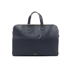 Navy blue Prada Saffiano leather briefcase with two top handles, a silver-tone zipper and a small triangular Prada logo near the bottom centre.