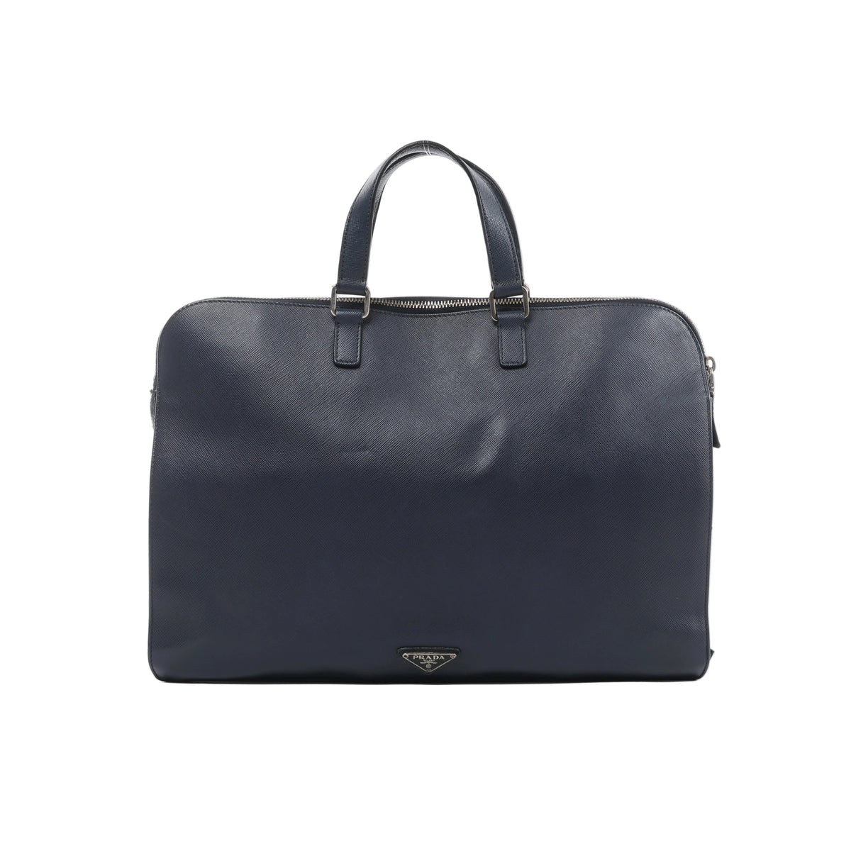 Navy blue Prada Saffiano leather briefcase with two top handles, a silver-tone zipper and a small triangular Prada logo near the bottom centre.
