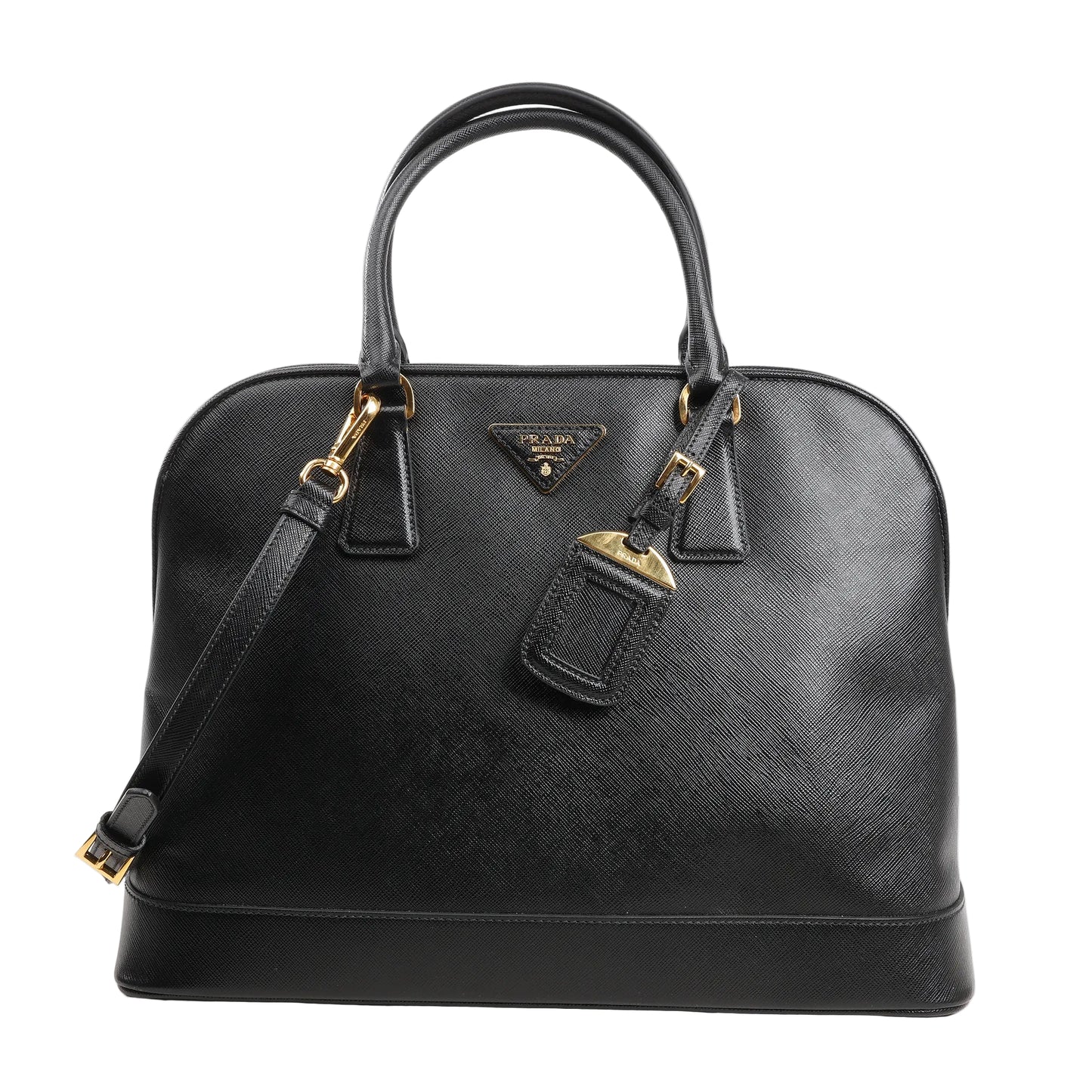 Prada Promenade 2Way Handbag in black Saffiano Lux leather featuring a dome silhouette, dual top handles, detachable shoulder strap, gold-tone hardware, and signature logo plaque.