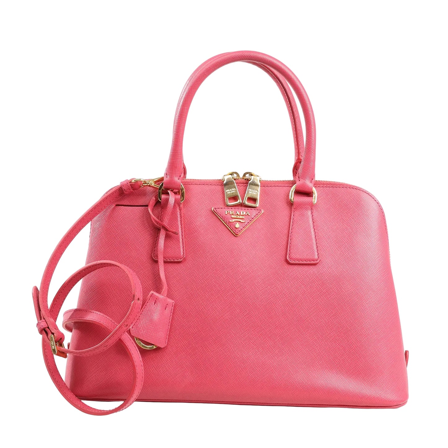 Prada Promenade 2Way Handbag BL0837 in pink Saffiano Lux leather with top handles, detachable shoulder strap, gold-tone hardware, and triangle logo plaque on a white background.