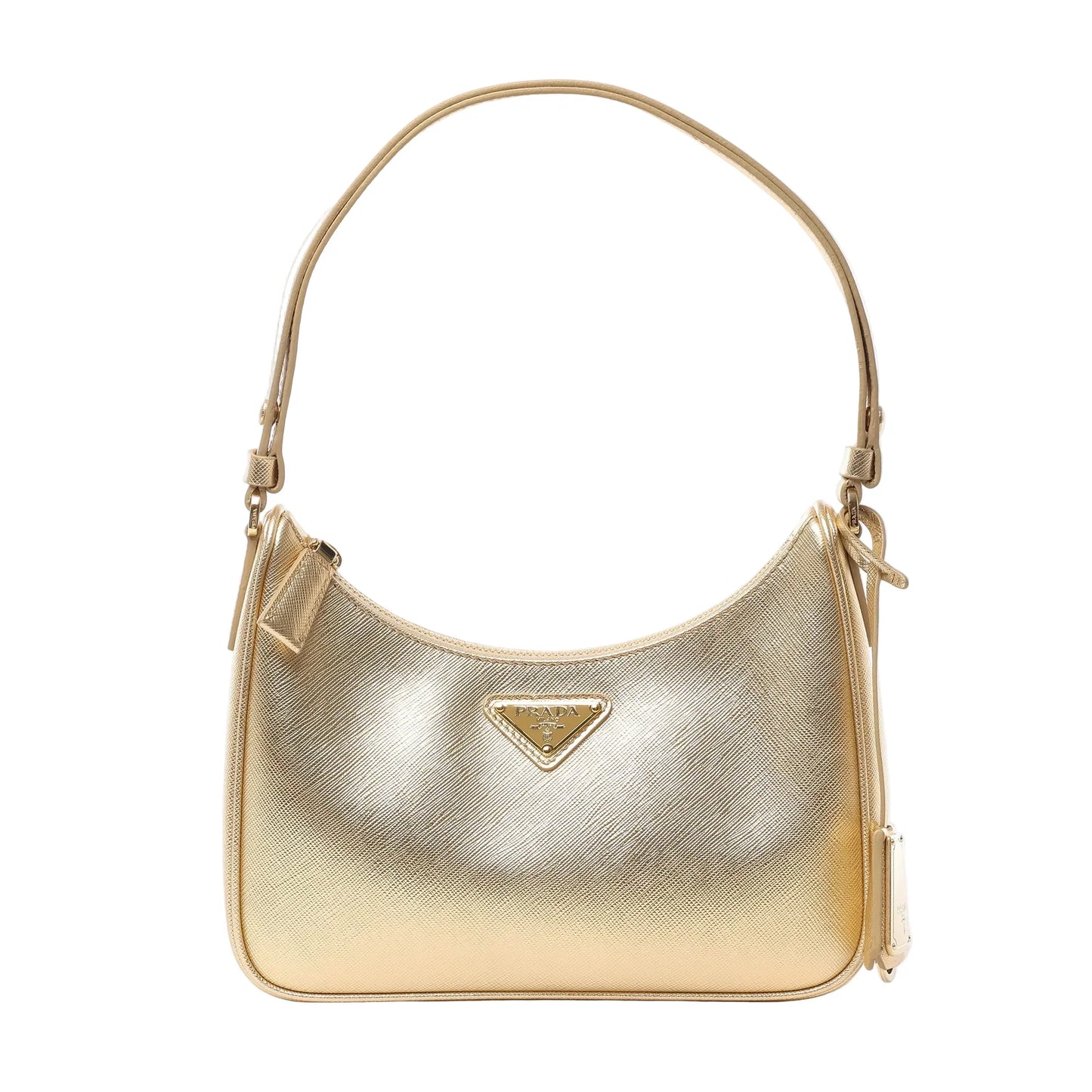 Front view of Prada Saffiano Lux Mini Re-Edition Shoulder Bag 1BC204 in metallic gold Platino leather, featuring signature crosshatch texture, gold-tone Prada logo plaque, and single shoulder strap against a white background.