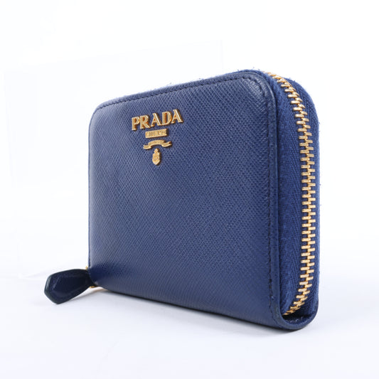 Prada Saffiano Metal 1MM268 Leather Coin Wallet in Blue