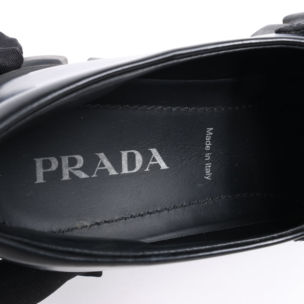 PRADA Spazzolato Triangle Logo Monolith Pointy 55mm Loafers in Black, Size 38.5 EU