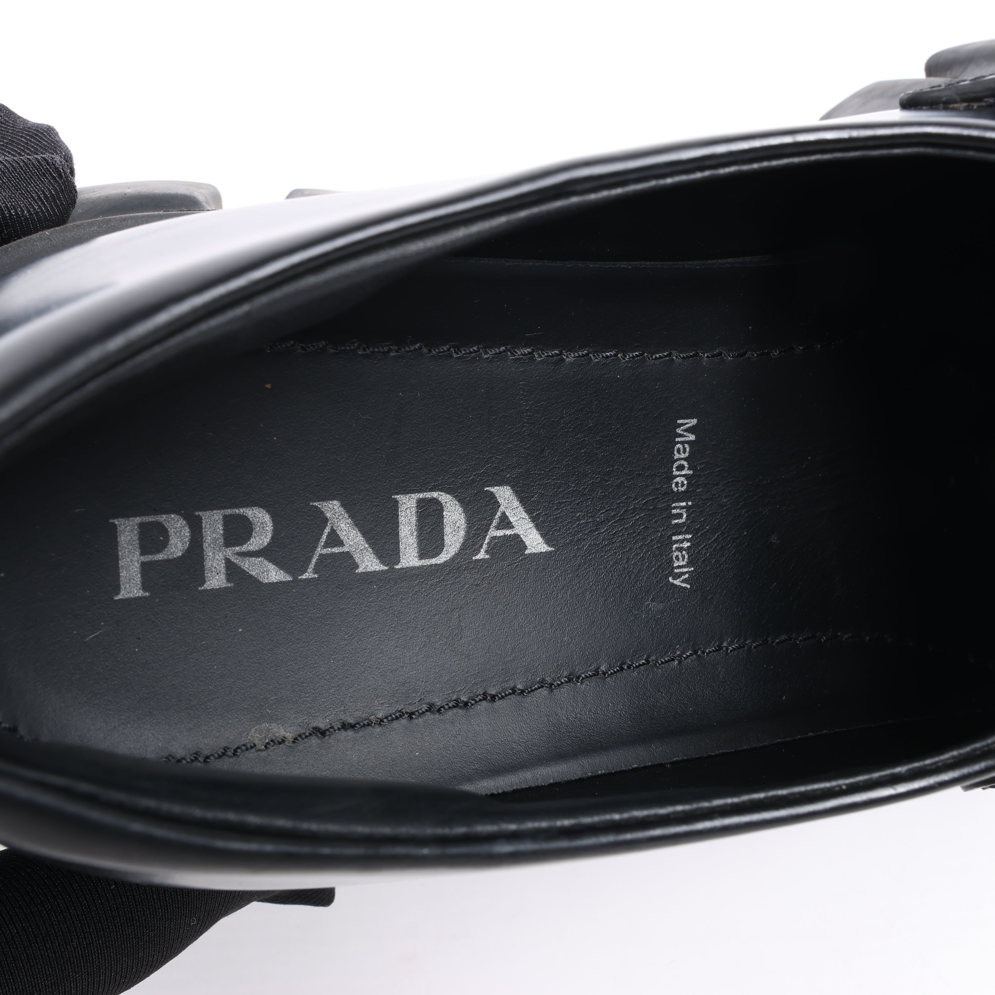 PRADA Spazzolato Triangle Logo Monolith Pointy 55mm Loafers in Black, Size 38.5 EU