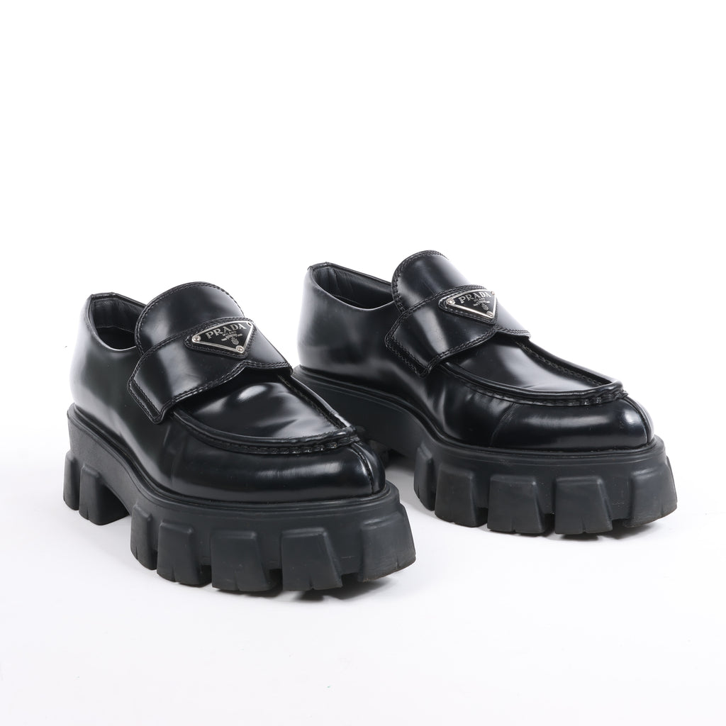 PRADA Spazzolato Triangle Logo Monolith Pointy 55mm Loafers in Black, Size 38.5 EU