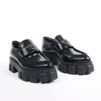 PRADA Spazzolato Triangle Logo Monolith Pointy 55mm Loafers in Black, Size 38.5 EU