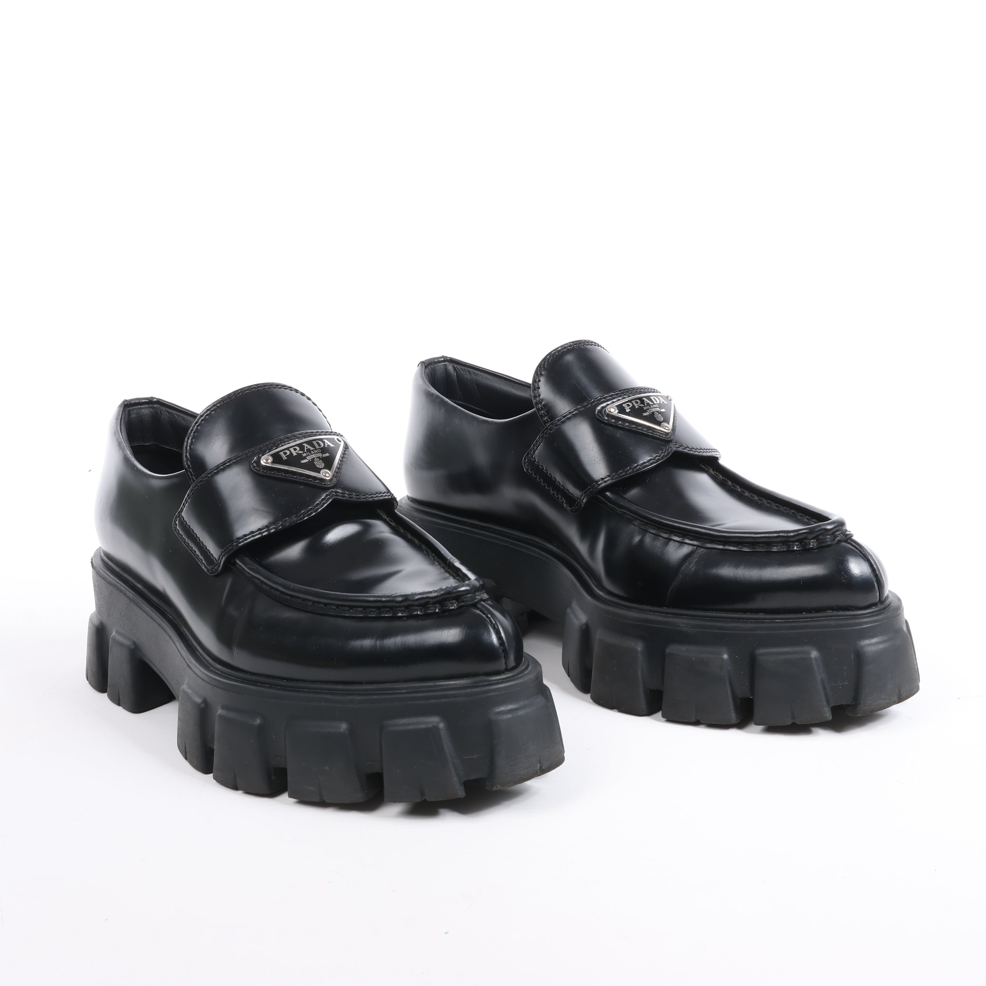 PRADA Spazzolato Triangle Logo Monolith Pointy 55mm Loafers in Black, Size 38.5 EU