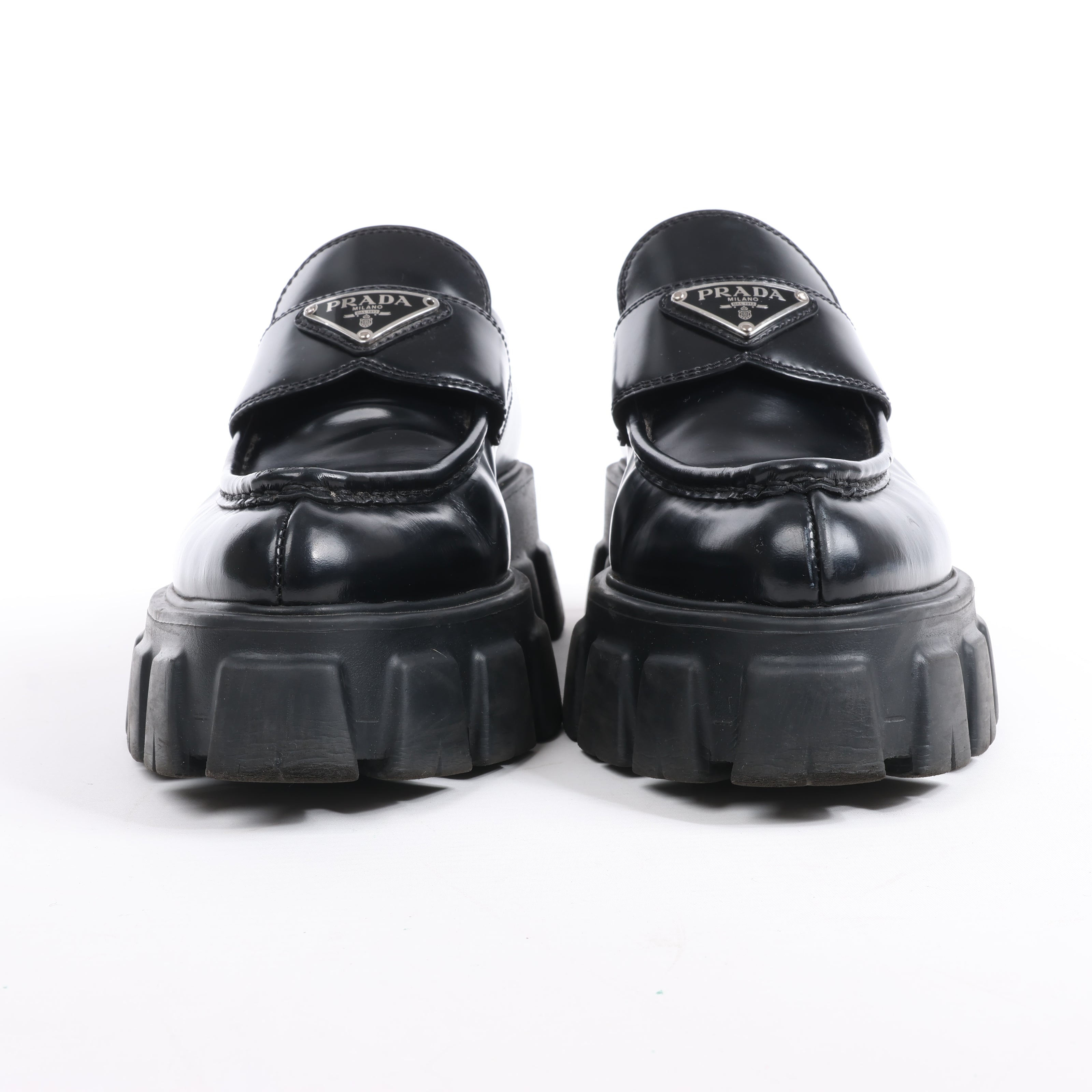 PRADA Spazzolato Triangle Logo Monolith Pointy 55mm Loafers in Black, Size 38.5 EU