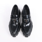 PRADA Spazzolato Triangle Logo Monolith Pointy 55mm Loafers in Black, Size 38.5 EU