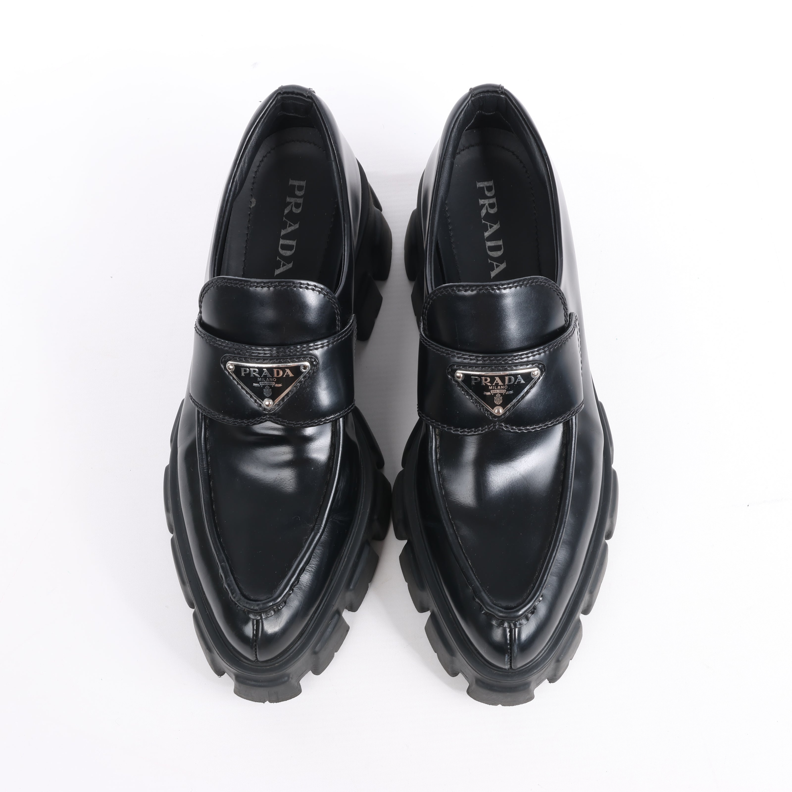 PRADA Spazzolato Triangle Logo Monolith Pointy 55mm Loafers in Black, Size 38.5 EU