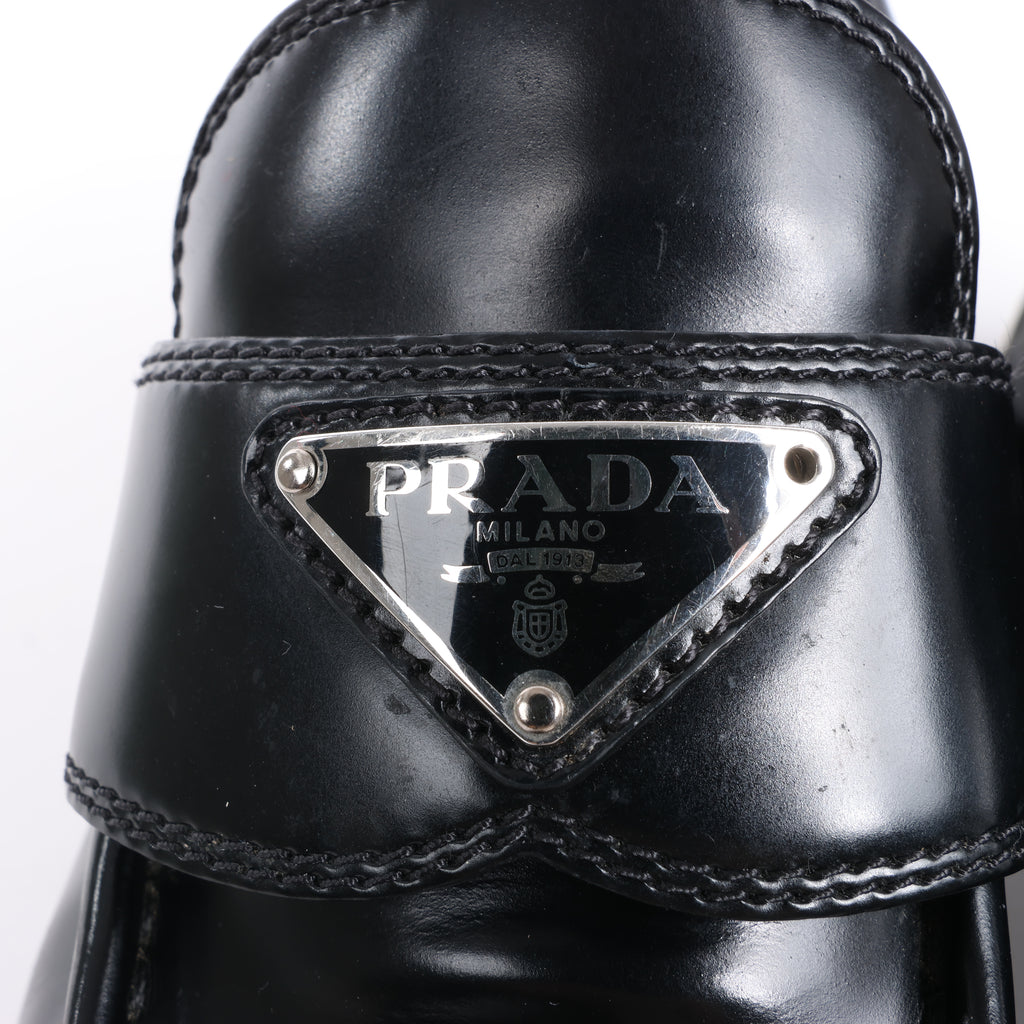 PRADA Spazzolato Triangle Logo Monolith Pointy 55mm Loafers in Black, Size 38.5 EU